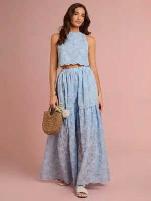 Women's Light Blue Floral Embroidered Scalloped Crop Vest & Maxi Skirt Set