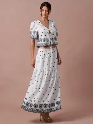 Women's White Floral Tie-Front Crop Blouse & Maxi Skirt Set