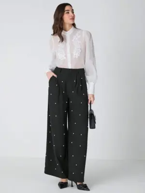 Women’s Black Pearl Detail High Waist Straight Leg Pants