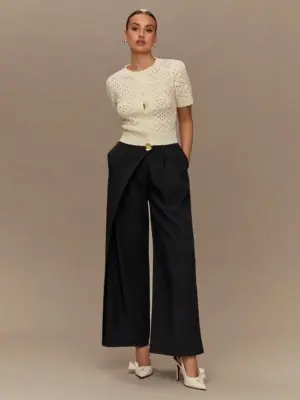 Women’s Black Pleated Wide Leg Pants with Metal Button Detail