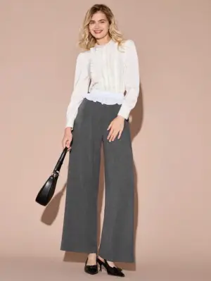 Women’s Grey High Waist Straight Leg Pants with Ruffle Trim