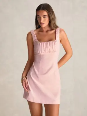 Women’s Pink Pleated Ruched Bust Square Neck Mini Dress