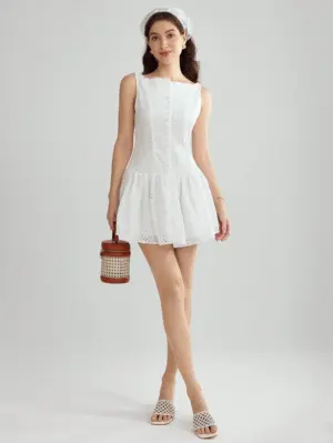 Women’s White Floral Eyelet Embroidered Ruffle Hem Mini Dress