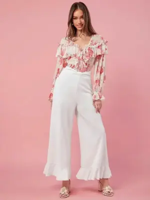 Women’s White Ultra High Waist Wide Leg Pants with Ruffle Hem